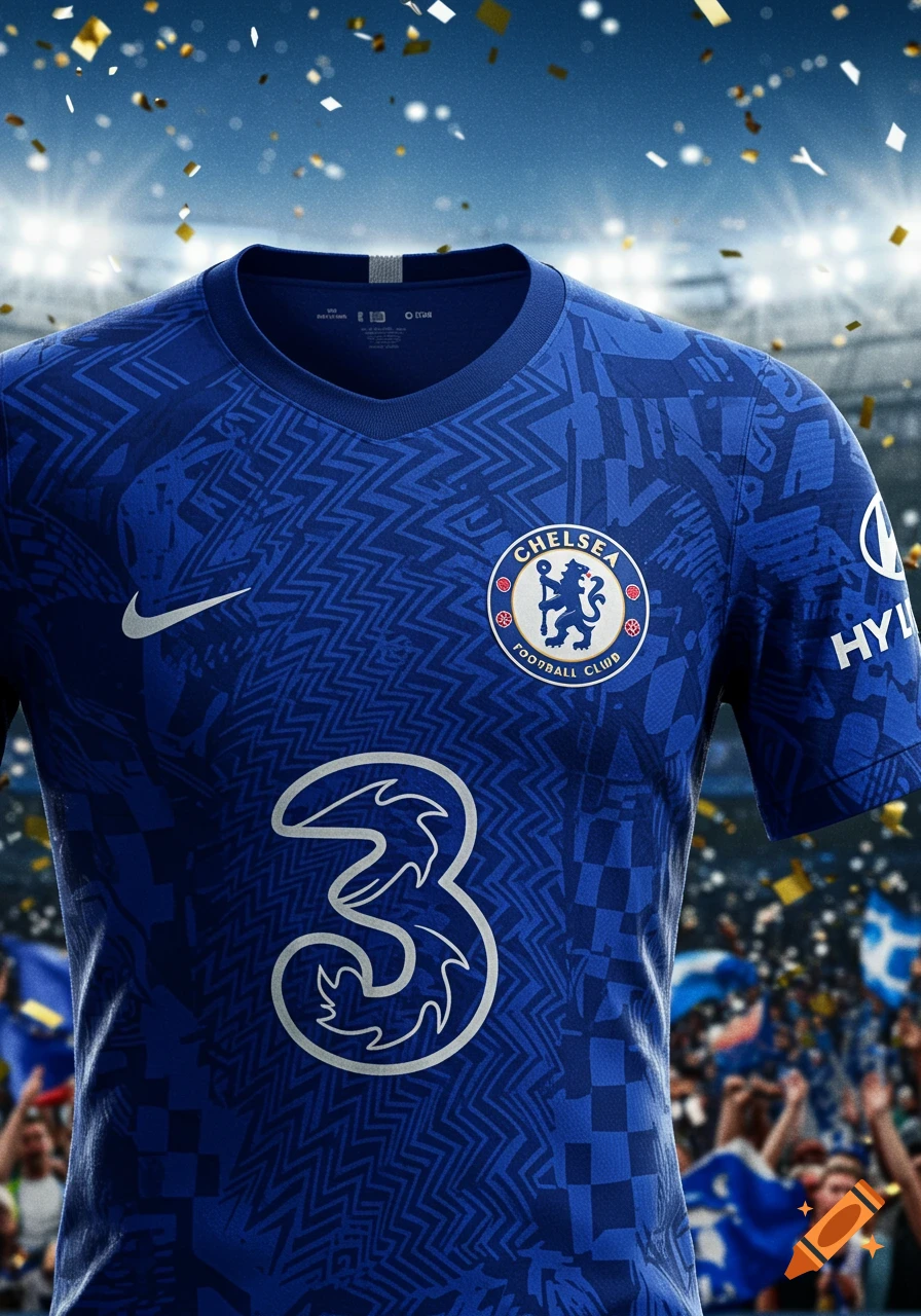 Close-up of a blue Chelsea football club jersey with falling confetti and a blurred stadium background.