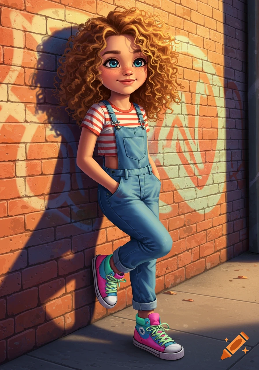 Cartoon girl with golden curly hair, blue eyes, and freckles, wearing a striped crop top, blue overalls, and colorful sneakers, leaning on a brick wall.