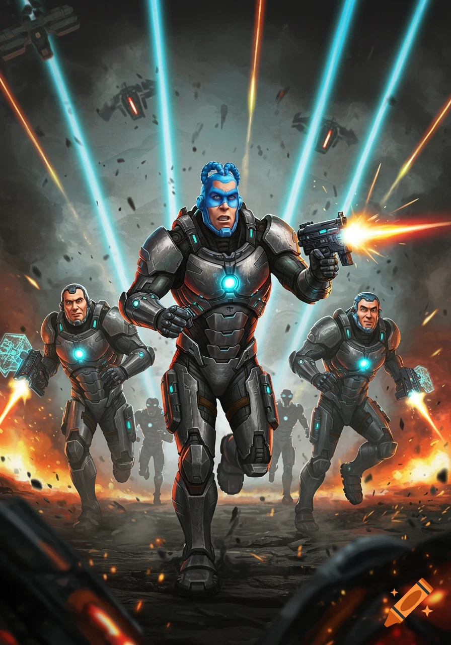 Three futuristic armored superheroes, led by one firing a gun, run through an action-packed battle with lasers and explosions.