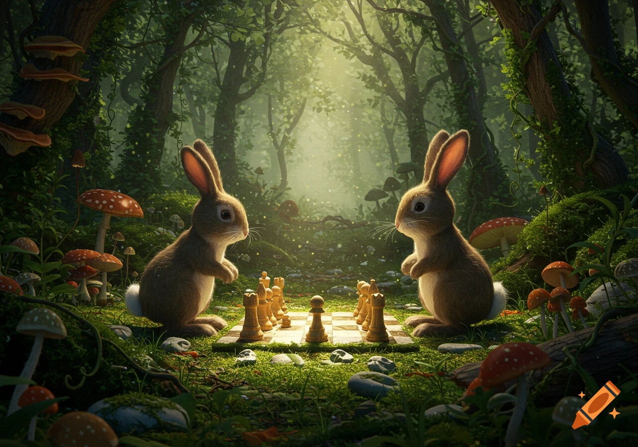 Two cute bunnies playing chess on a chessboard in a magical, sunlit forest filled with mushrooms and vibrant greenery.