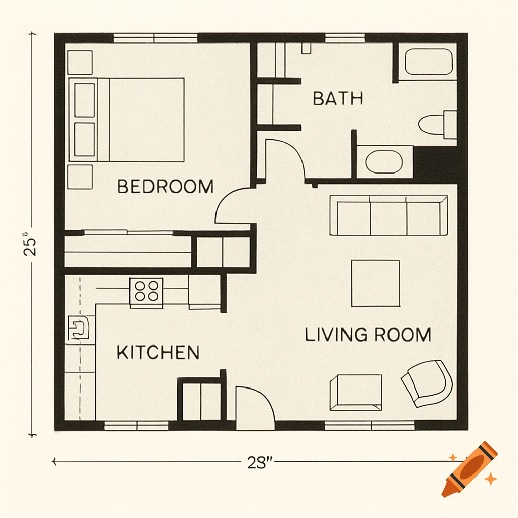 A minimalist floor plan of a one-bedroom apartment with a living room, kitchen, and bathroom. Dimensions 28 by 25 inches.