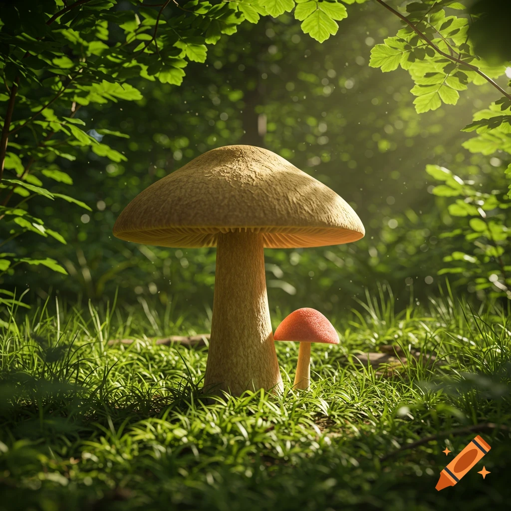 A large thick tan mushroom stands beside a tiny red mushroom on a forest floor, bathed in sunlight filtering through green leaves.