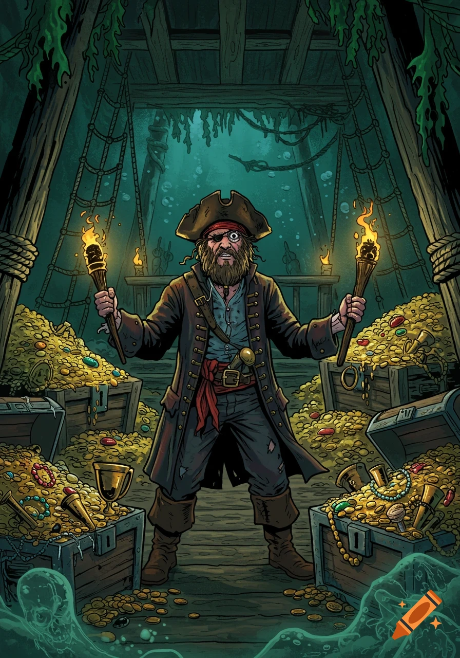 A bearded pirate with a monocle holds two torches in a comic book style illustration, standing amidst piles of treasure inside a sunken ship.
