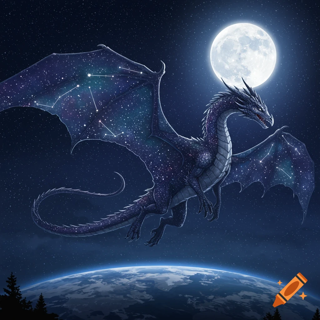 A large, dark dragon with shimmering, starry wings flies through a moonlit night sky above Earth.