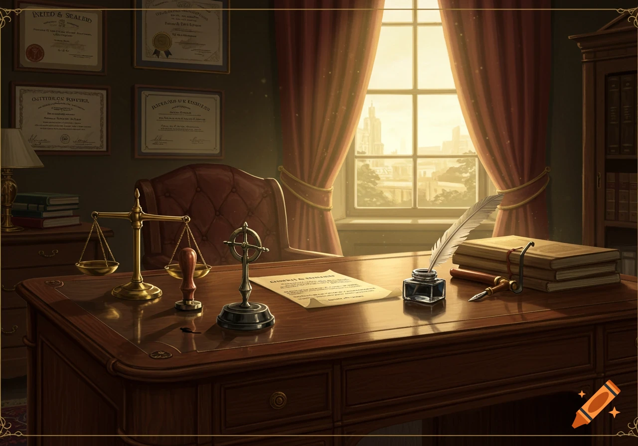 A warm, vintage-style law office with a wooden desk, scales of justice, quill, inkwell, and framed diplomas under a sunny window.