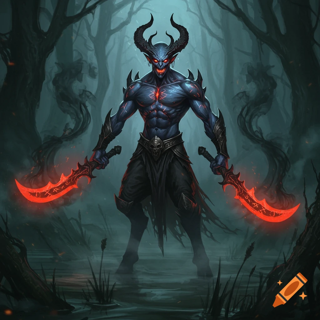 A blue-skinned, horned devil with glowing red eyes and a menacing grin stands in a dark, murky swamp, holding two glowing red, curved swords.