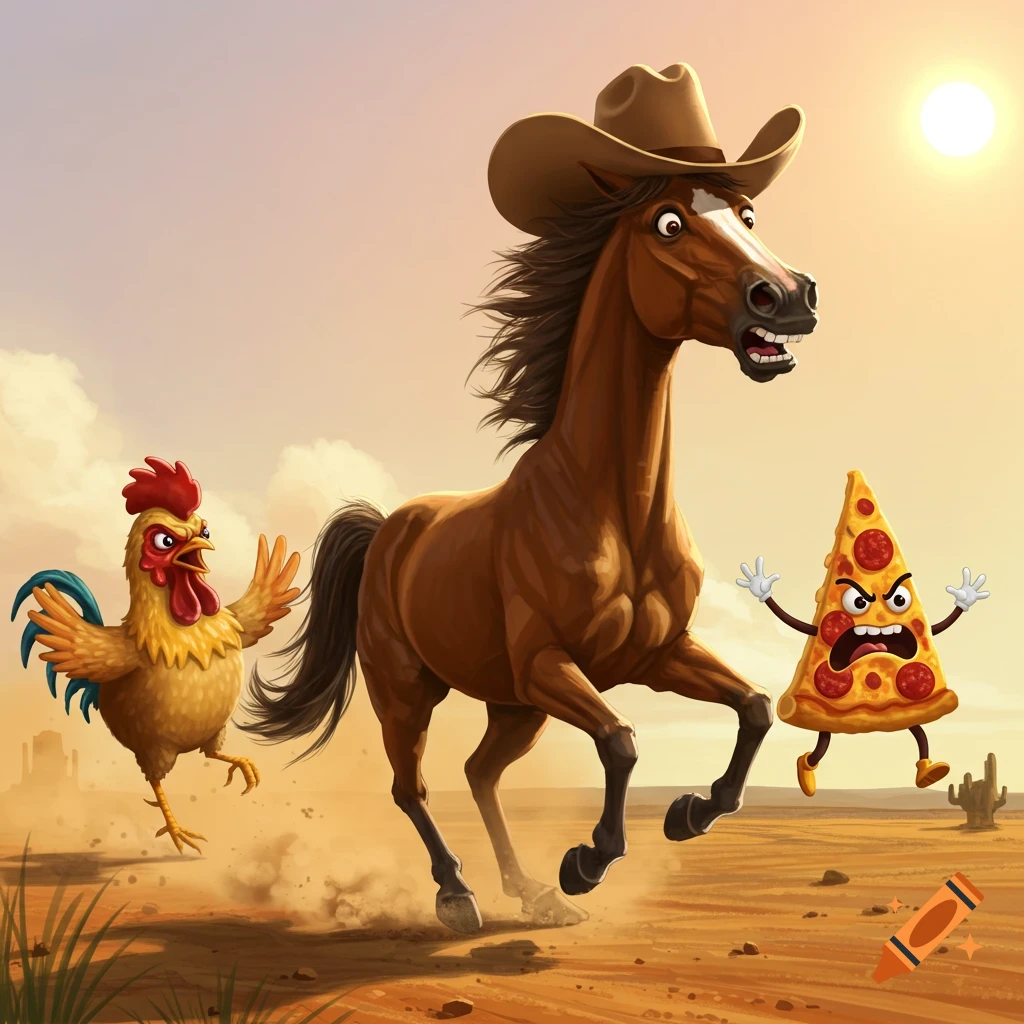 A cartoon horse in a cowboy hat, looking scared, runs through a desert landscape away from an aggressive rooster and an angry slice of pizza with arms and legs, under a bright sun.