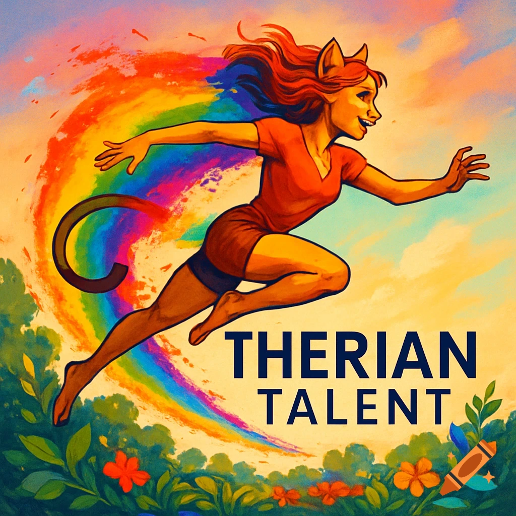 A vibrant, stylized illustration of a therian girl with red hair, cat ears, and a tail, jumping over green plants with a rainbow arc behind her. The text 'THERIAN TALENT' is at the bottom.