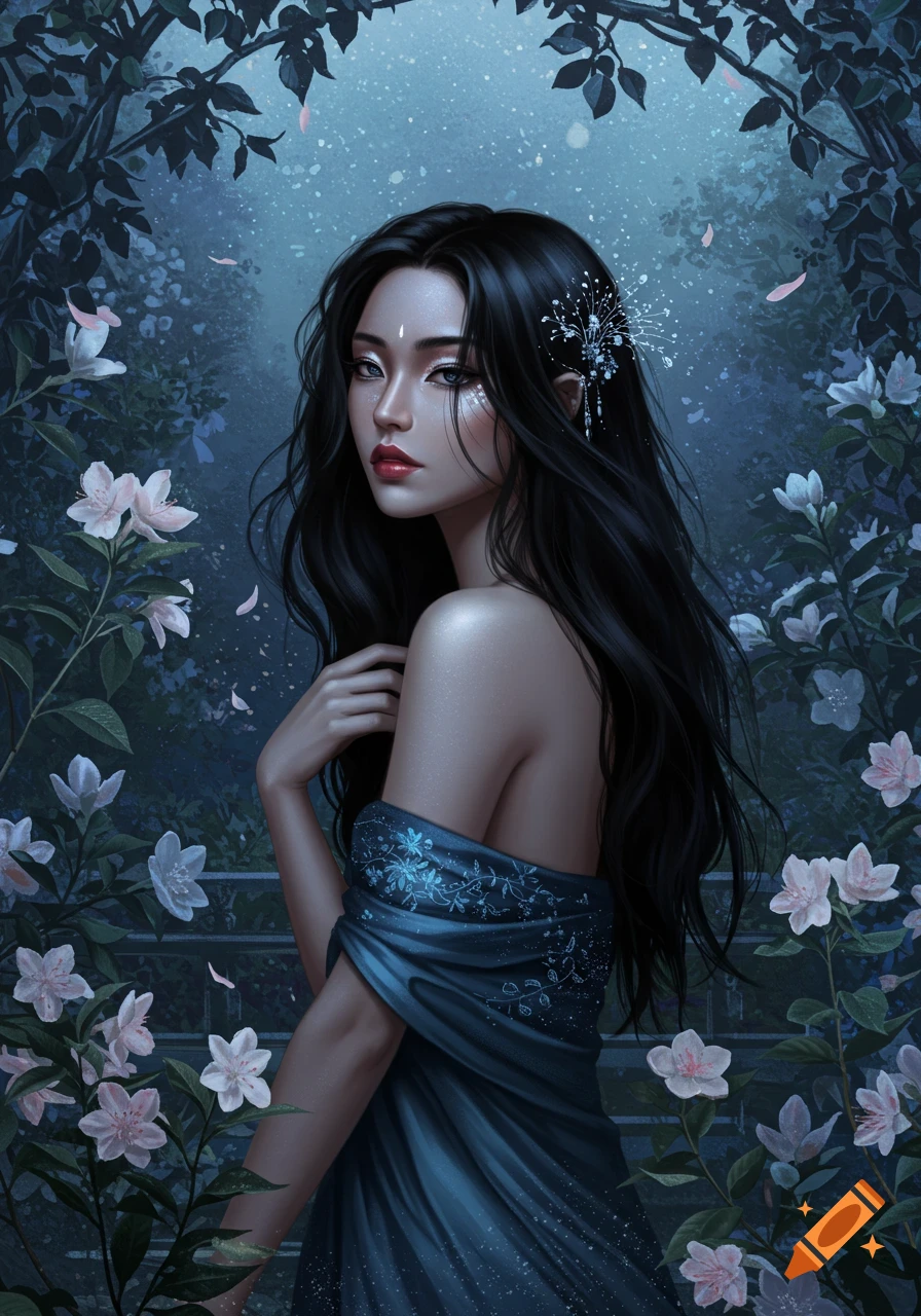 A fantasy portrait of a woman with long dark hair and sparkly makeup in a blue dress, surrounded by white flowers in an ethereal garden.