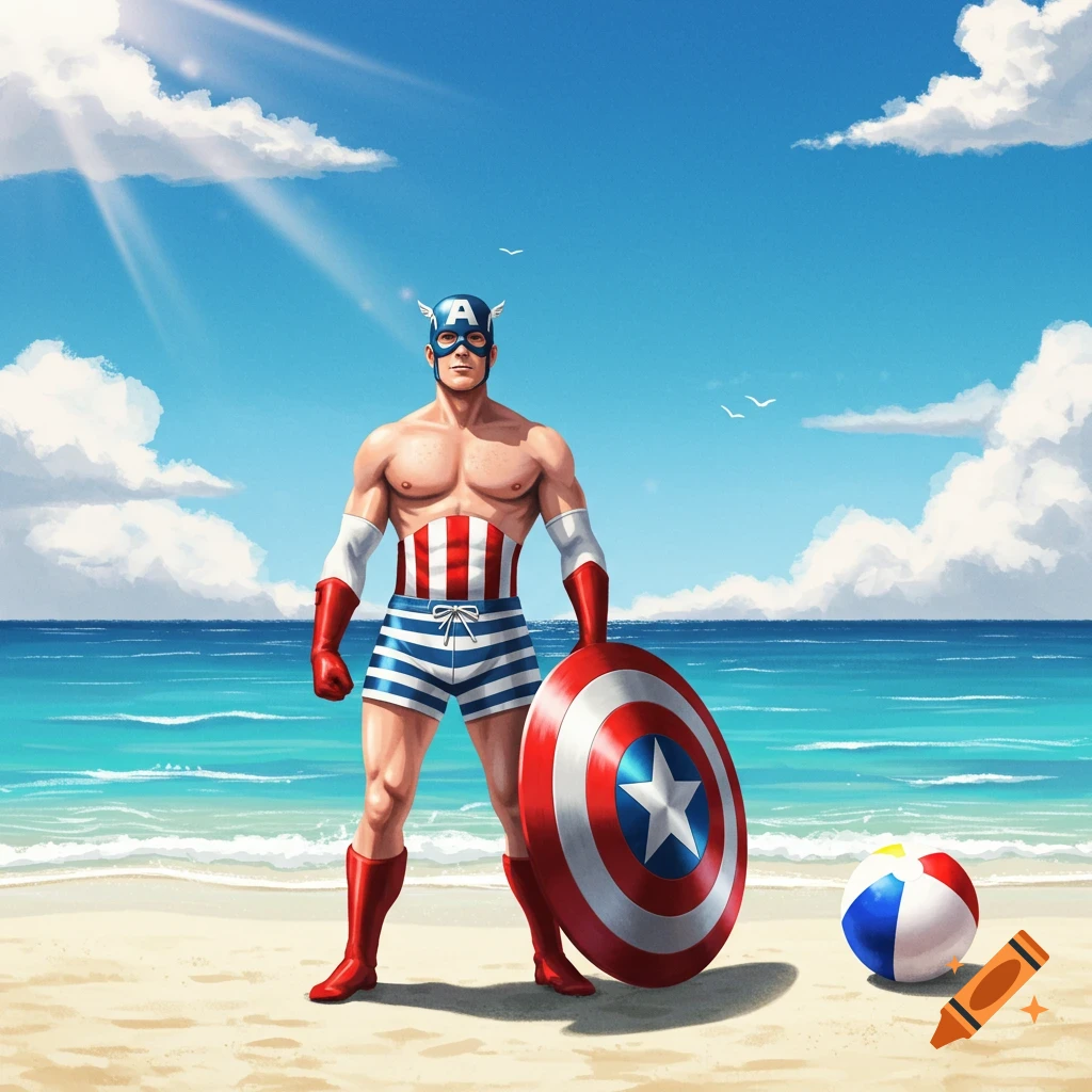 Captain America in striped swim trunks and boots, holding his shield, stands on a sunny beach with a beach ball.