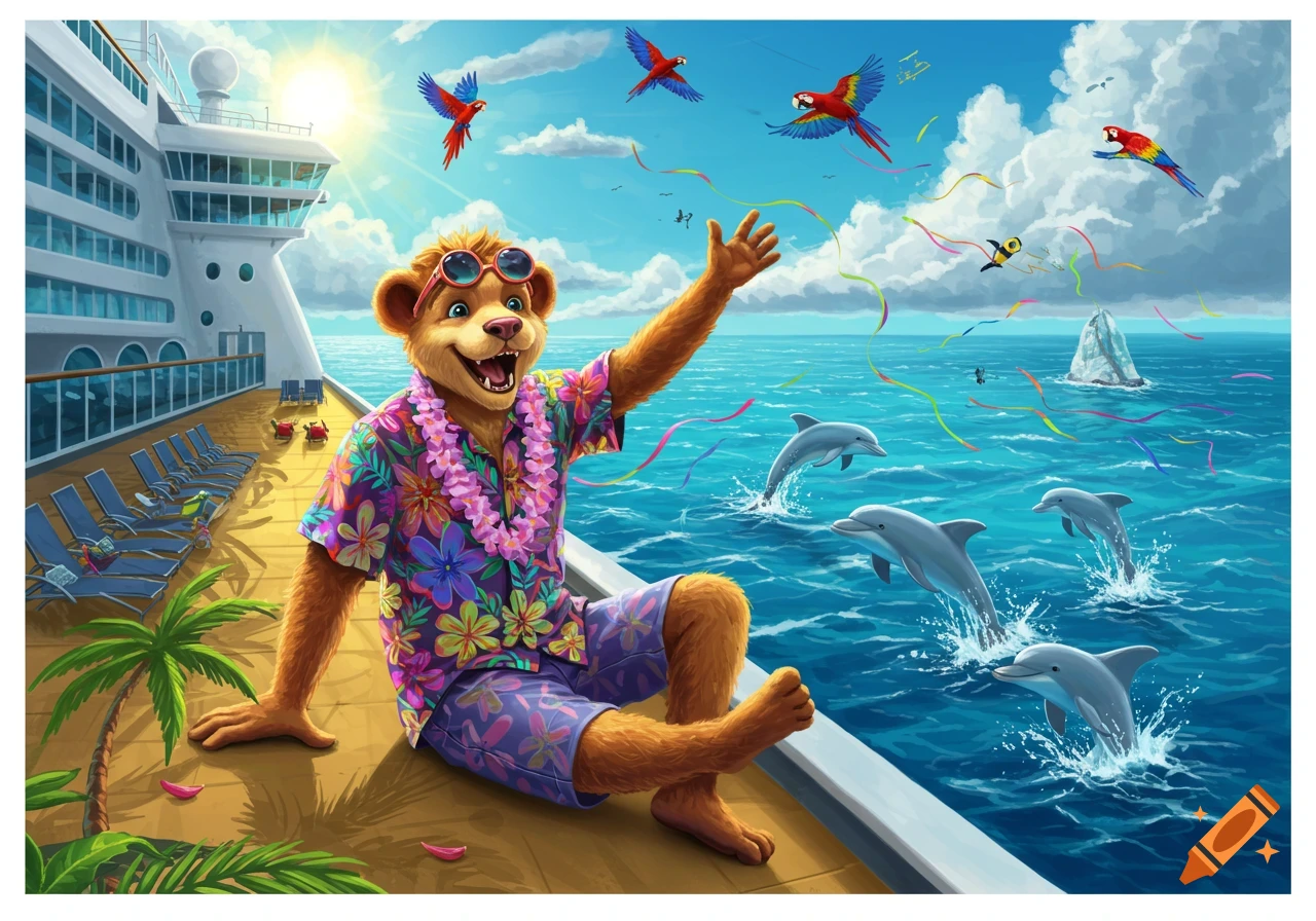 A cheerful cartoon bear-like character in a Hawaiian shirt and sunglasses waves on a cruise ship deck as dolphins leap in the tropical ocean and parrots fly overhead.