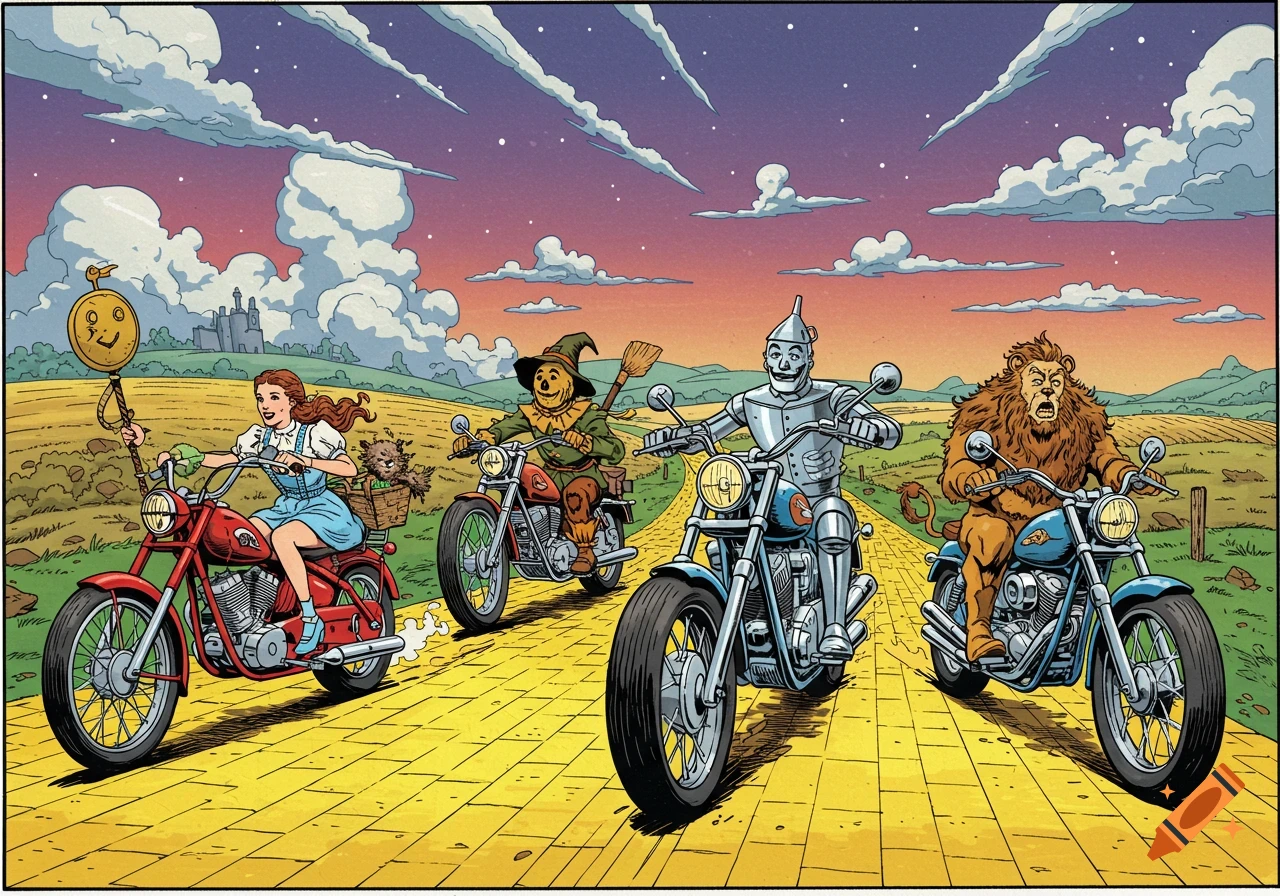 Dorothy, Scarecrow, Tin Man, and Cowardly Lion from the Wizard of Oz riding motorcycles on the yellow brick road in comic art style.