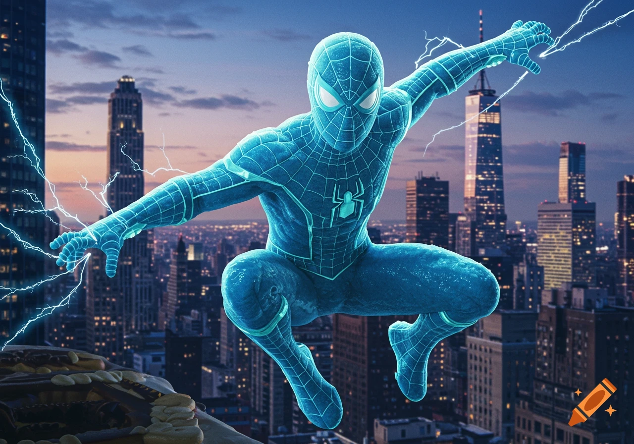 A glowing blue Spider-Man with electrical tendrils flying above a city at dusk.