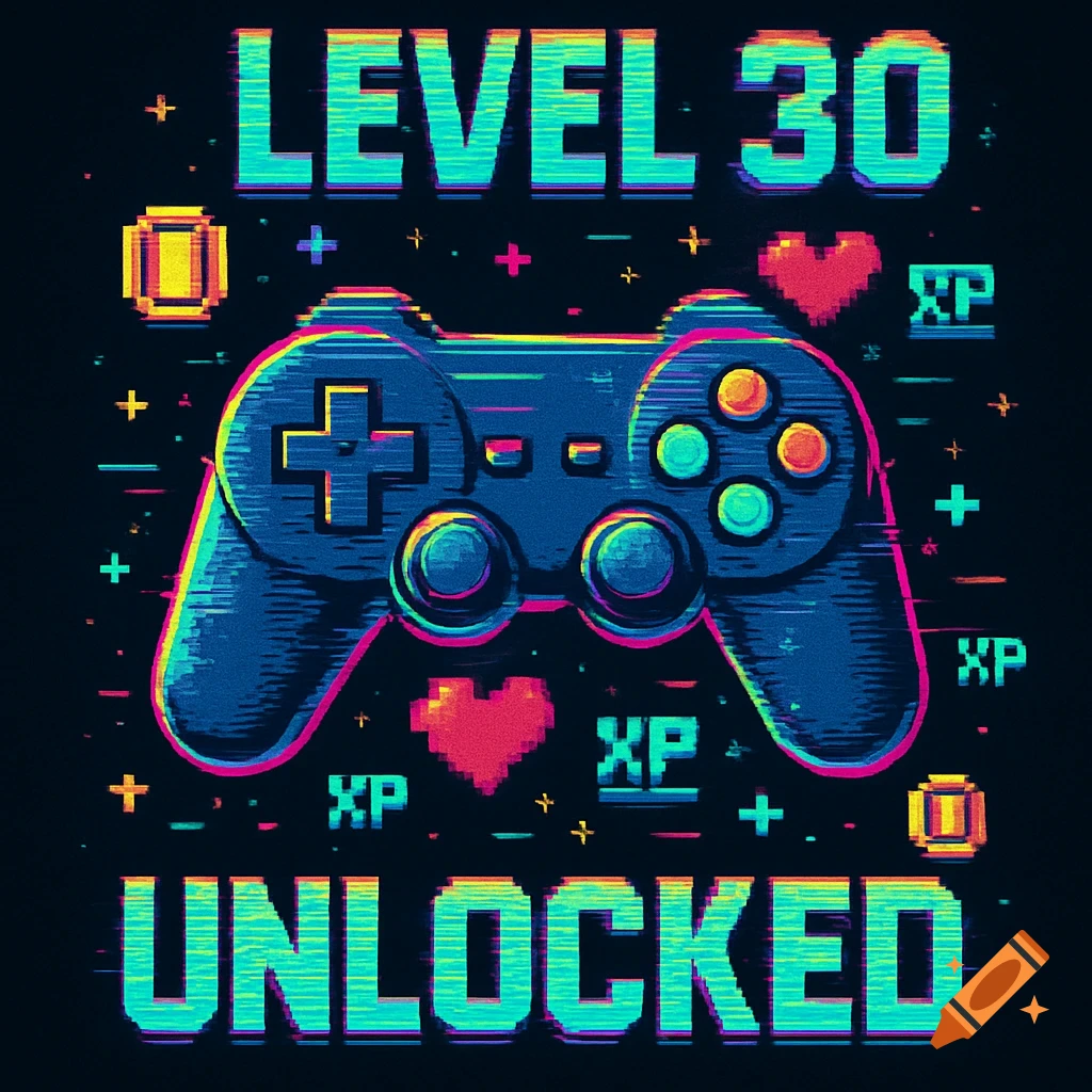 Retro-style video game controller with neon glitch text 'LEVEL 30 UNLOCKED' and pixel art hearts on dark background.