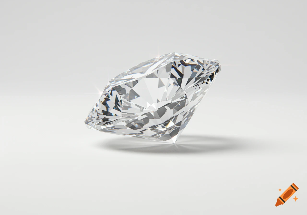 A photorealistic side view of a brilliant-cut diamond gemstone standing on a white background, sparkling with white light and reflections.