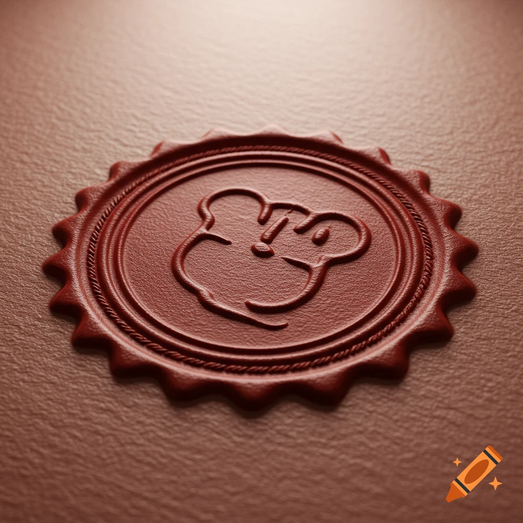 A close-up, photorealistic view of a red wax certificate seal embossed with a stylized mouse head logo on a brown textured surface.