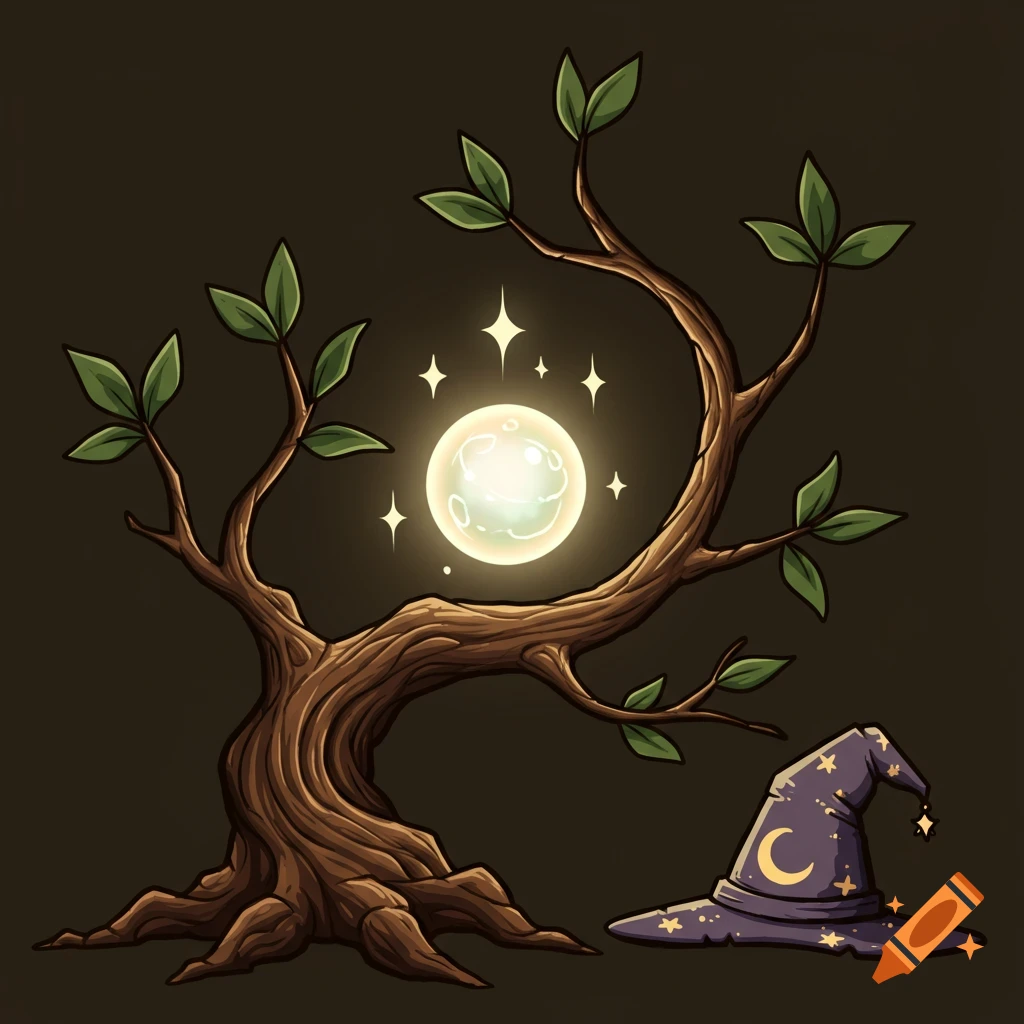 A stylized illustration of a gnarled tree holding a glowing moon and a purple wizard's hat with a crescent moon and stars.