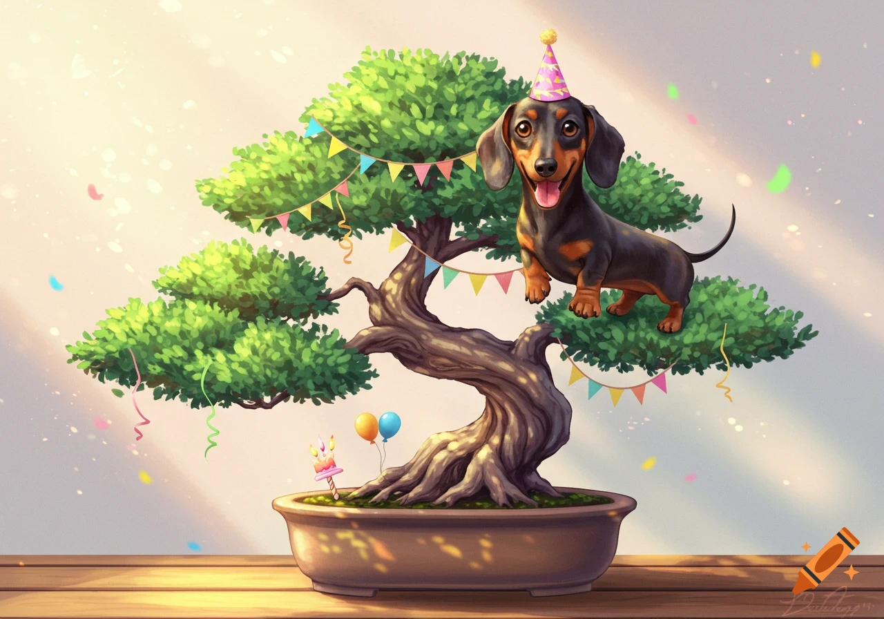 A cartoonish dachshund wearing a party hat stands on a decorated bonsai tree, with confetti and balloons, celebrating a birthday.