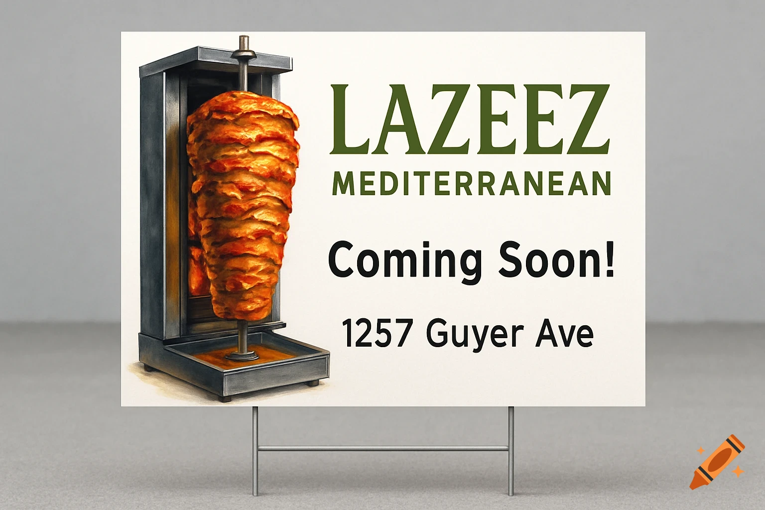 A white yard sign for 'LAZEEZ MEDITERRANEAN' featuring a photorealistic shawarma rotisserie, 'Coming Soon!' and the address '1257 Guyer Ave'.