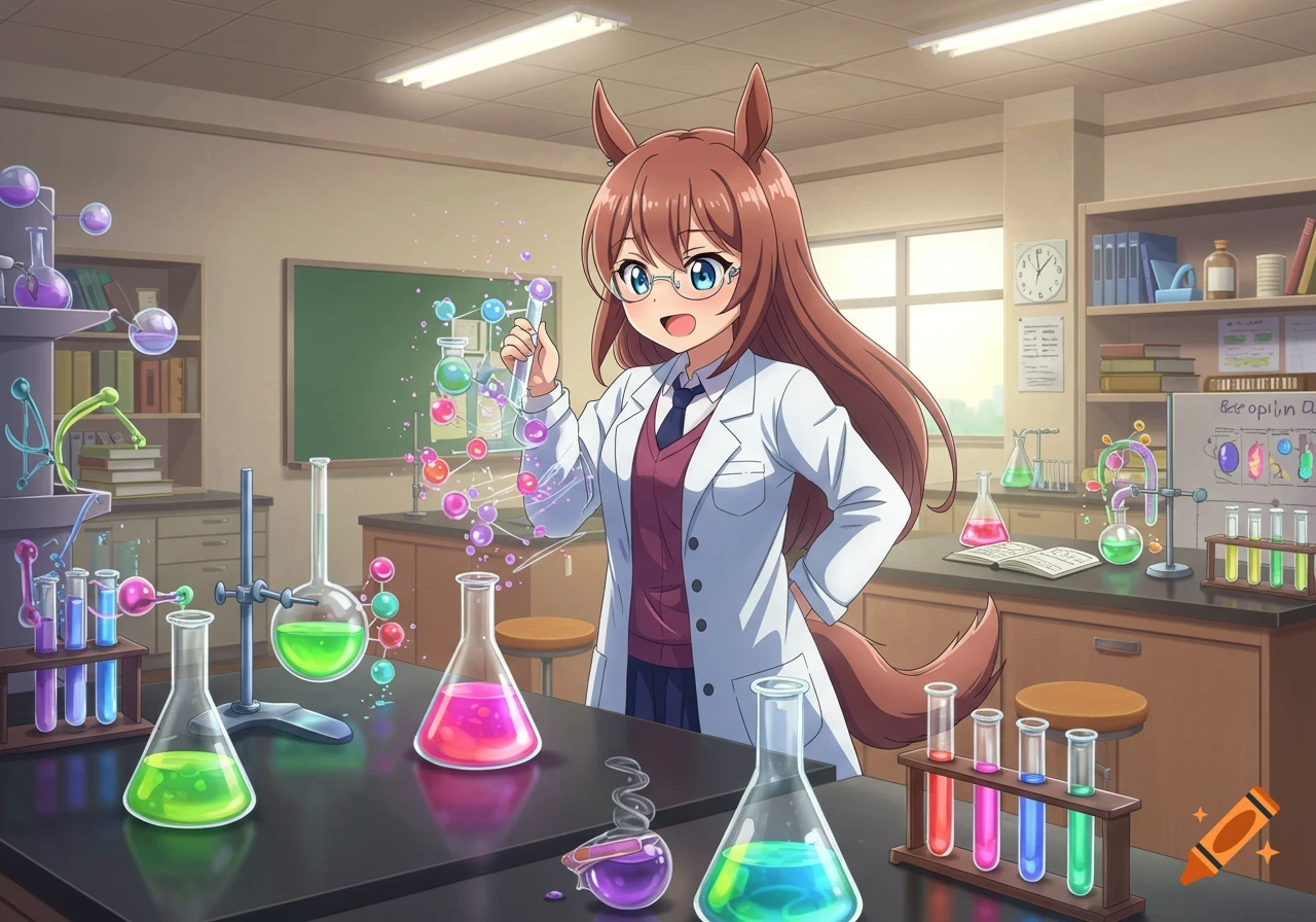 Anime horse girl in a lab coat stands in a science lab with colorful beakers and floating molecular models.