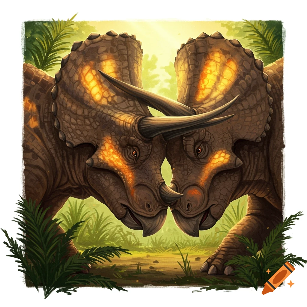 Illustration of two triceratops with glowing frills and faces, nuzzling each other in a lush prehistoric jungle.