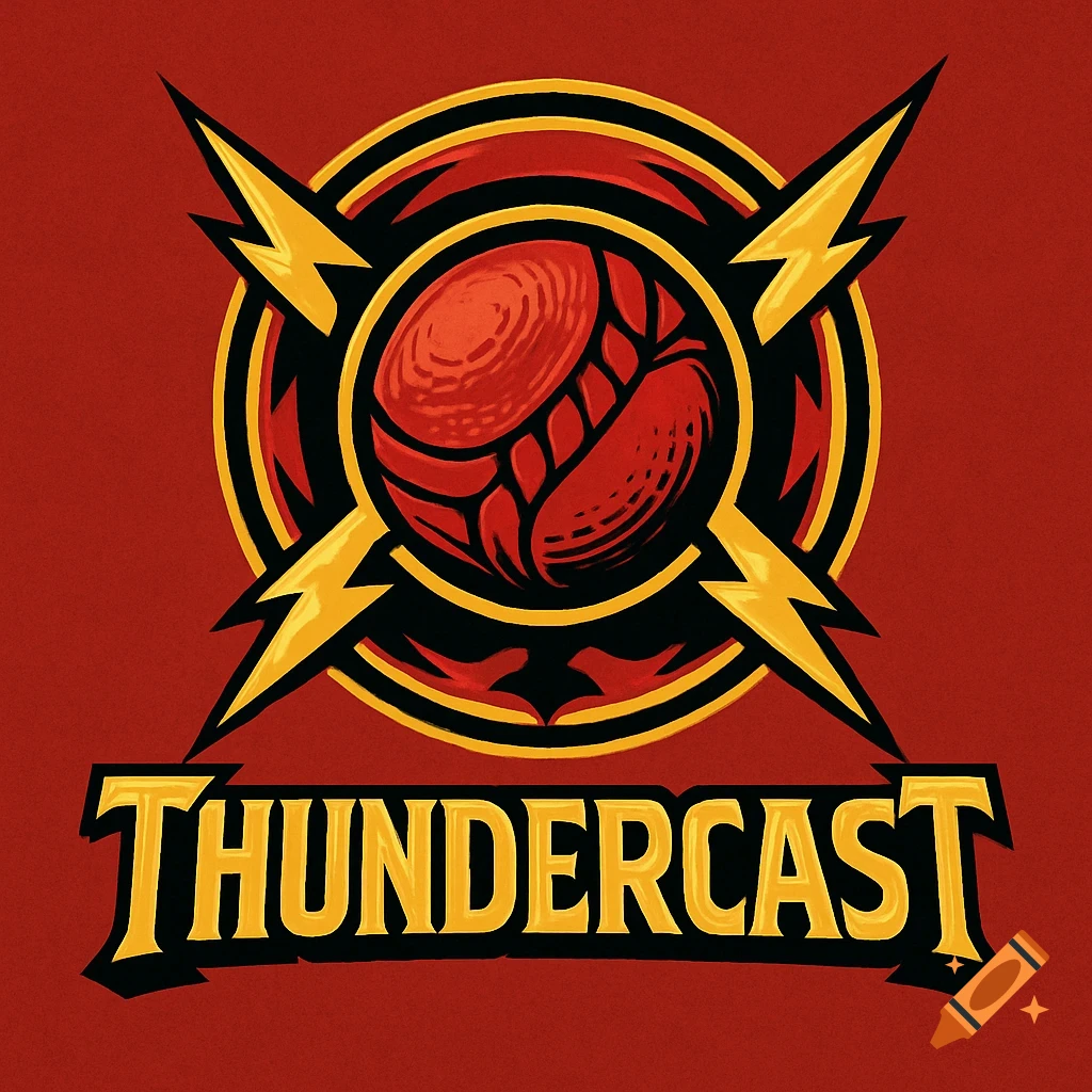 A kickball commentary channel logo featuring the word "THUNDERCAST" below a red and black circular emblem with yellow lightning bolts, in a cartoon style.