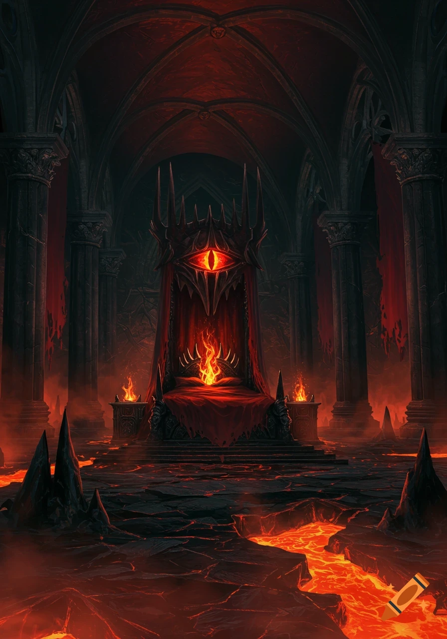 A dark, gothic-style throne room with a giant red eye on the throne, surrounded by flowing lava and fire pits.