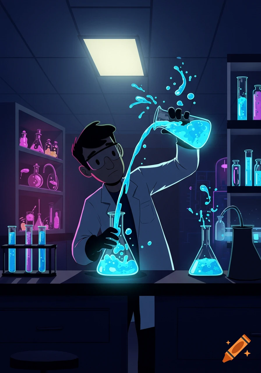 A cartoon scientist in a dark lab pours glowing blue liquid from one beaker into another, surrounded by colorful lab equipment.