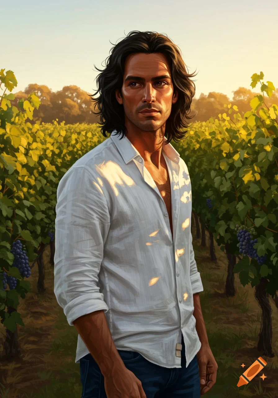 A man with long dark hair, wearing a white unbuttoned shirt and blue jeans, stands in a sunlit vineyard.