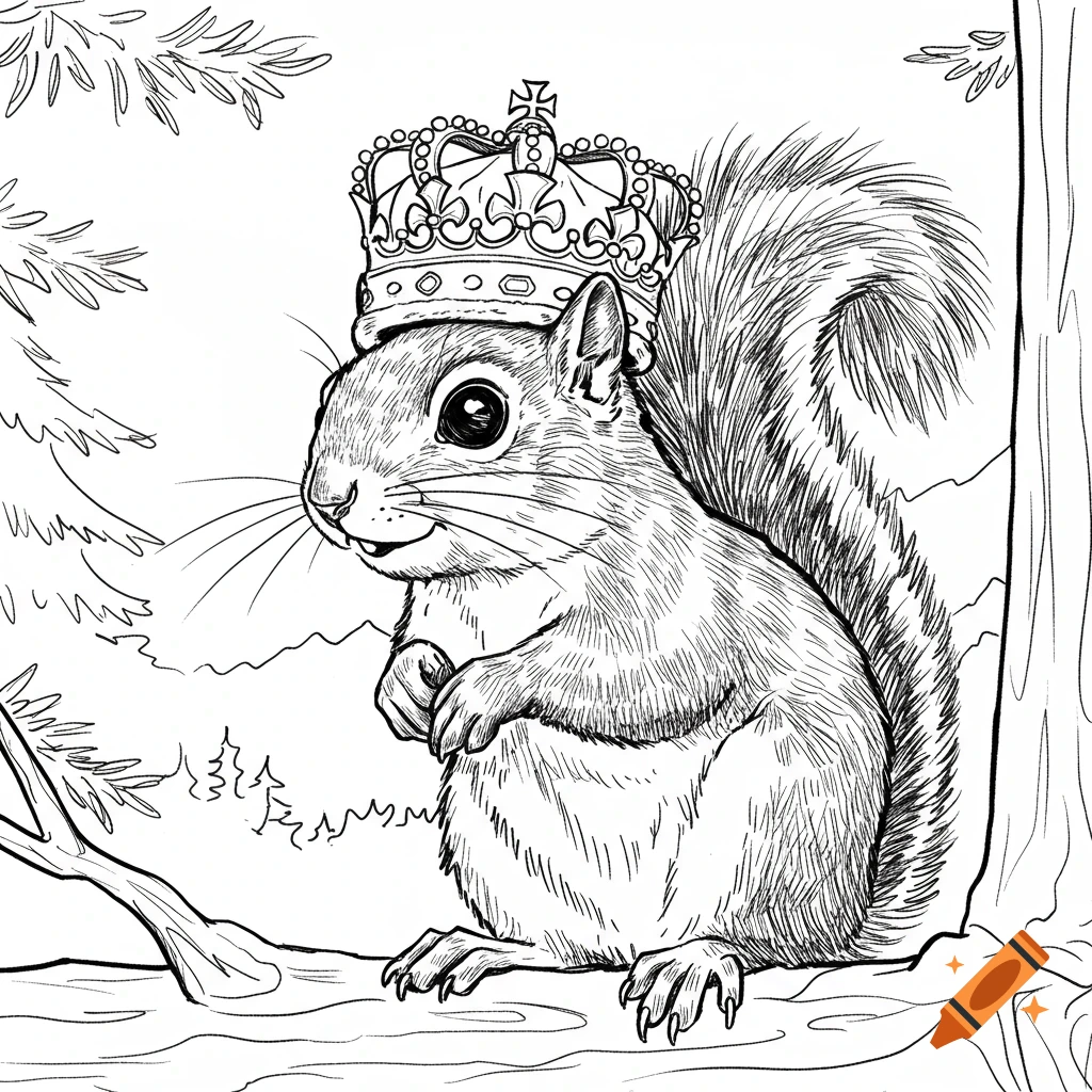Black and white line art of a cartoon squirrel wearing a king's crown, sitting on a tree branch.
