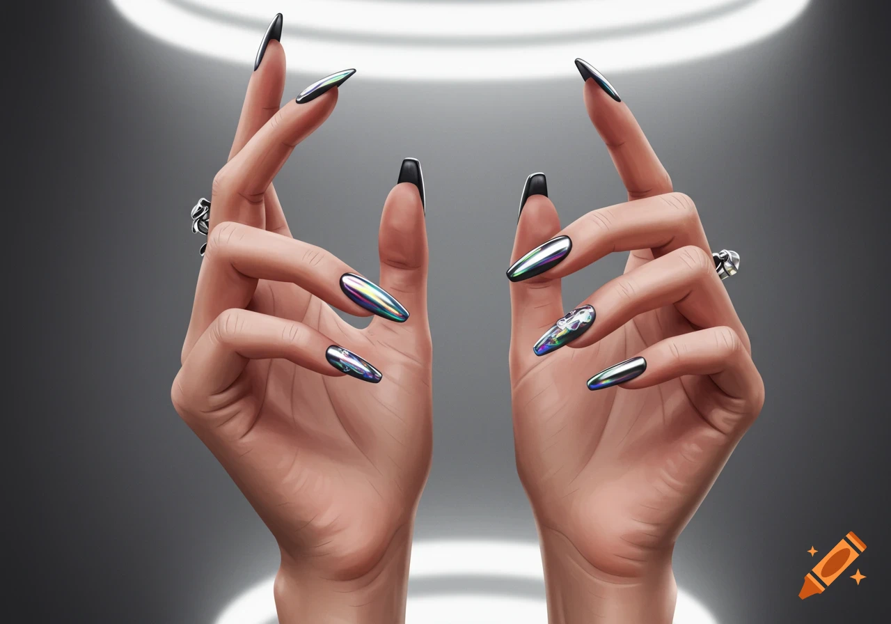 Two hands with long, black-tipped, iridescent, mismatched manicured nails against a grey background with glowing lights, digital art.