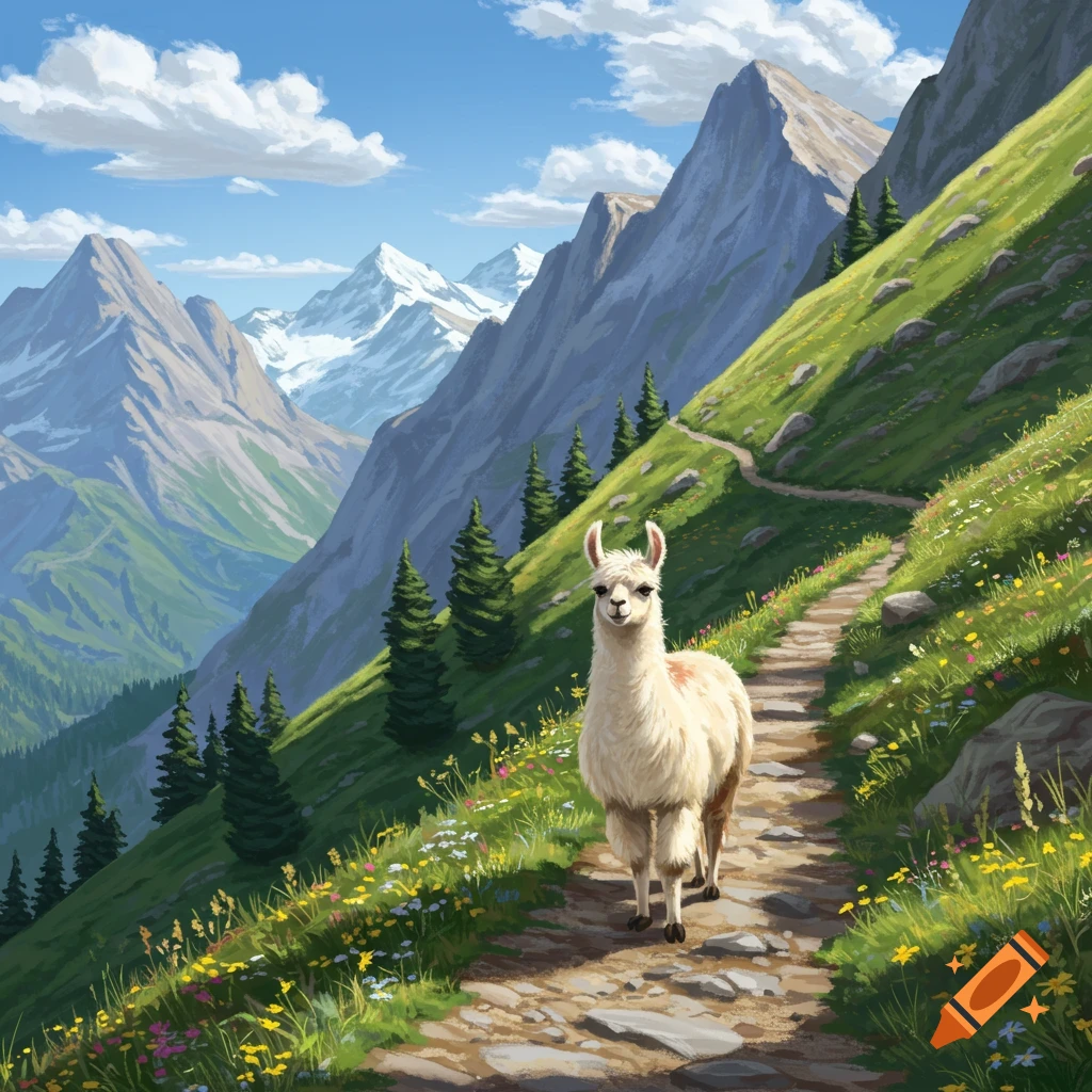 A white llama walks on a winding stony path up a green mountain slope with snow-capped peaks in the background.