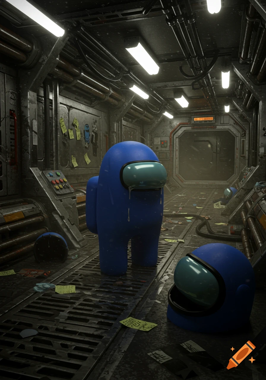 A blue Among Us character with liquid dripping from its visor stands sadly in a dark, grimy spaceship corridor, with a detached helmet on the floor.