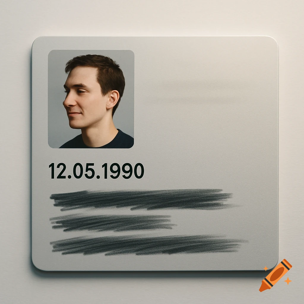 Photorealistic image of an ID card with a man's profile photo, birthdate 12.05.1990, and blurred out text.