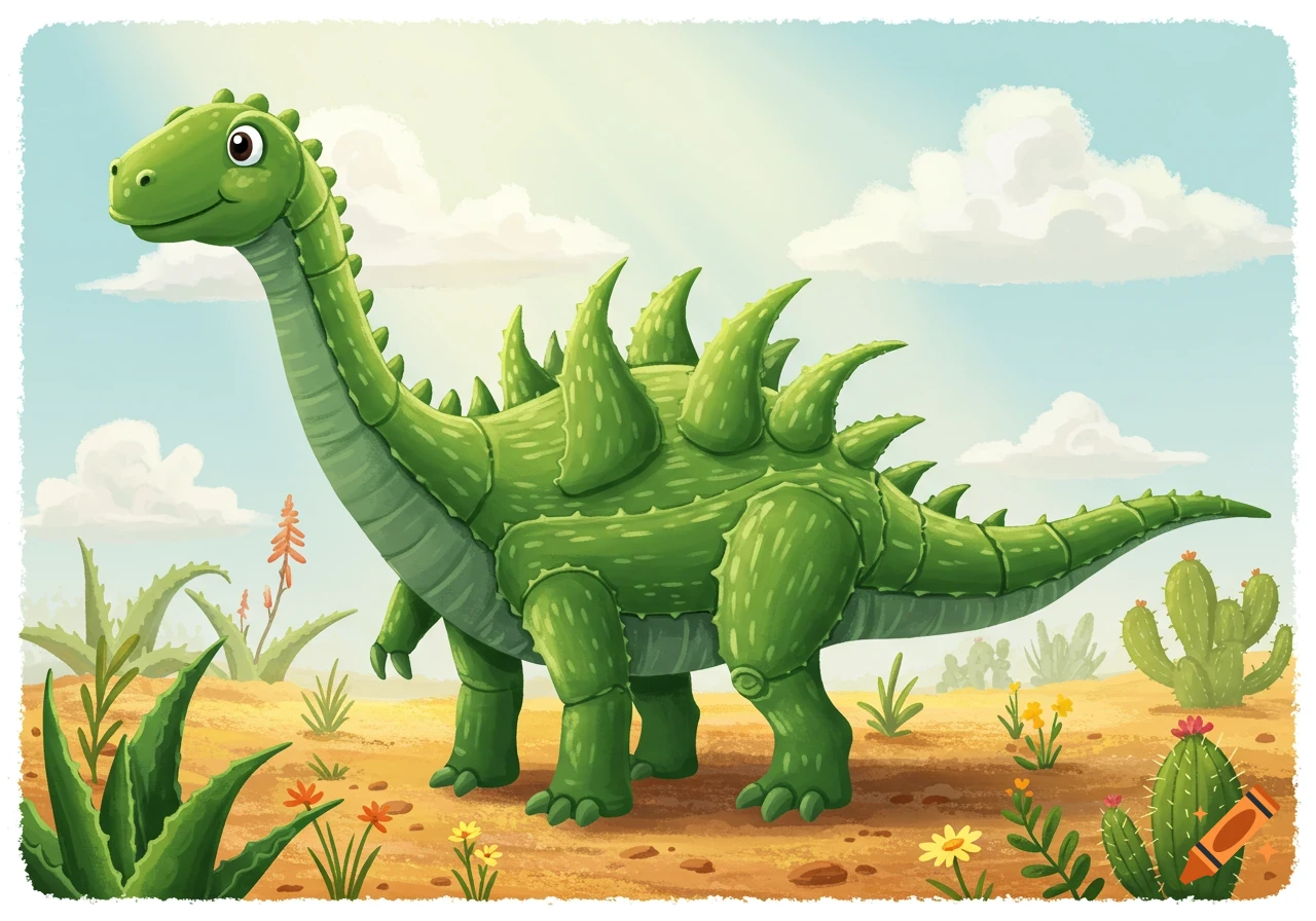 A friendly cartoon dinosaur with a body made of green aloe plants stands in a desert landscape under a blue sky.