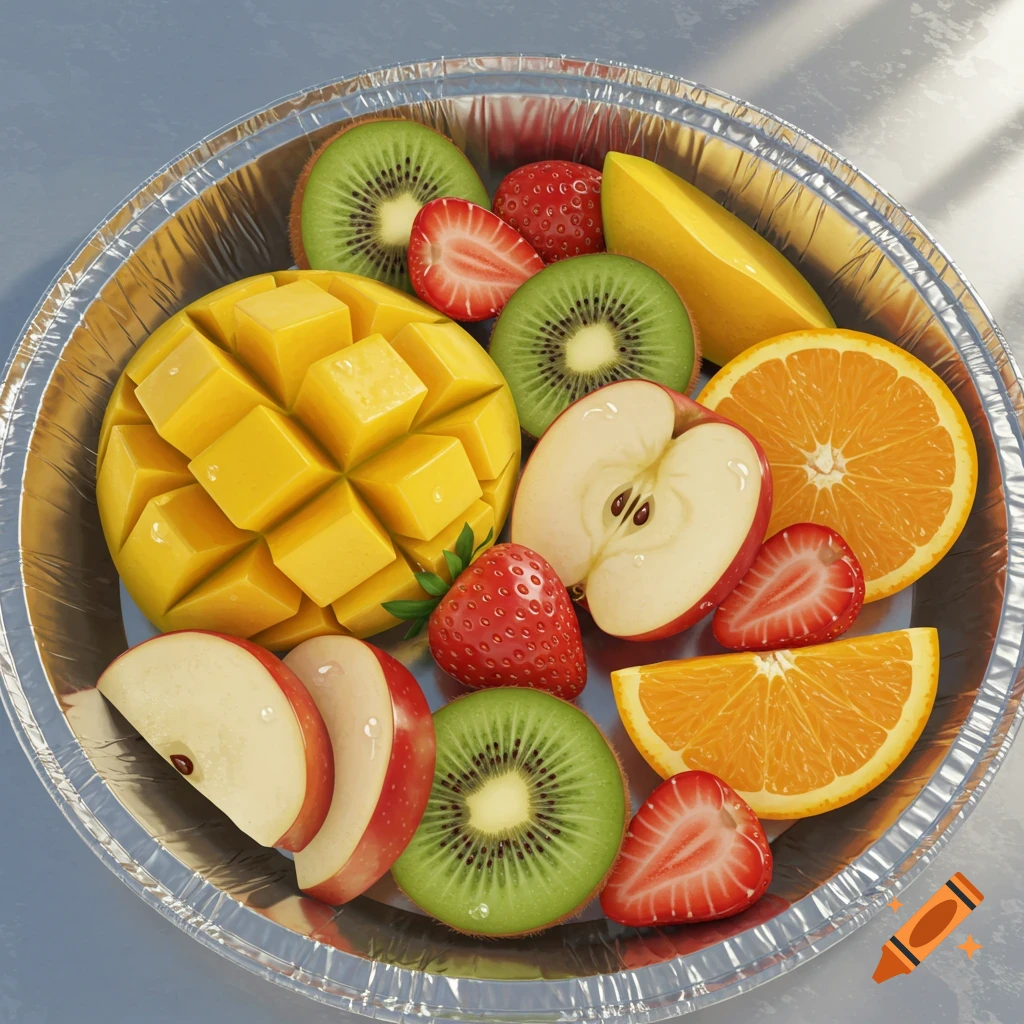 Photorealistic overhead view of cut mango, kiwi, strawberries, apple slices, and orange halves in a silver foil container.