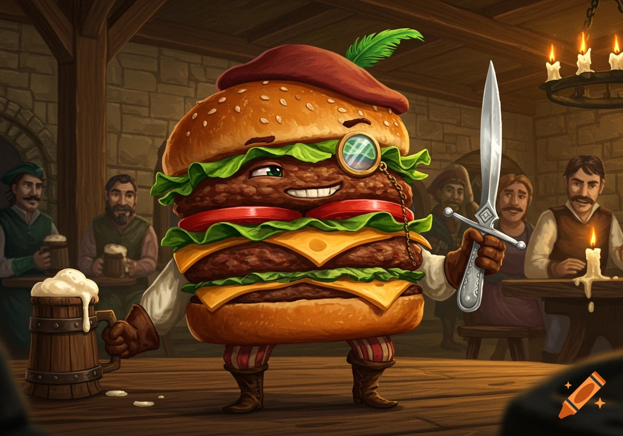 An anthropomorphic hamburger character dressed as a medieval rogue holds a dagger and a beer stein in a tavern.