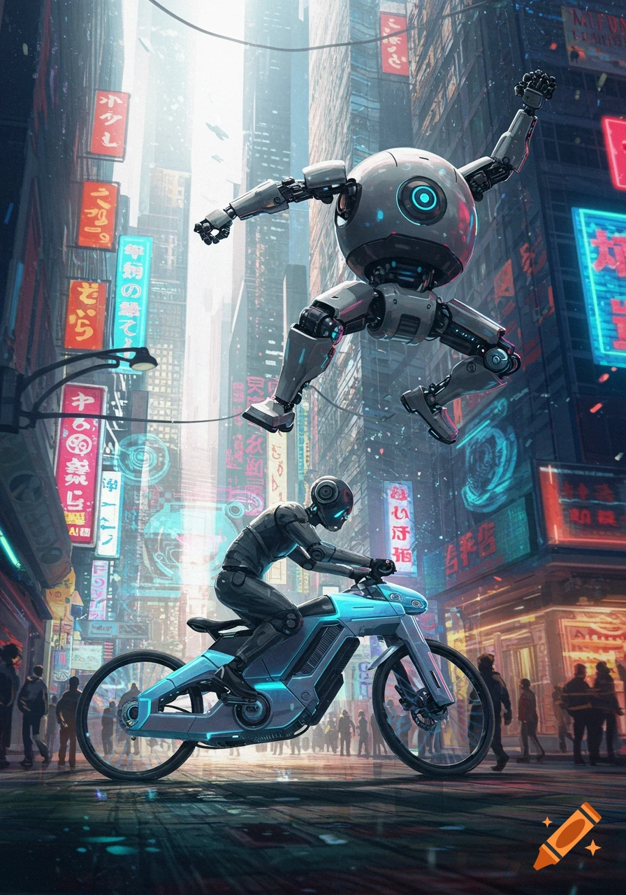 A spherical robot jumps above another robot riding a futuristic bike through a neon-lit cyberpunk city.
