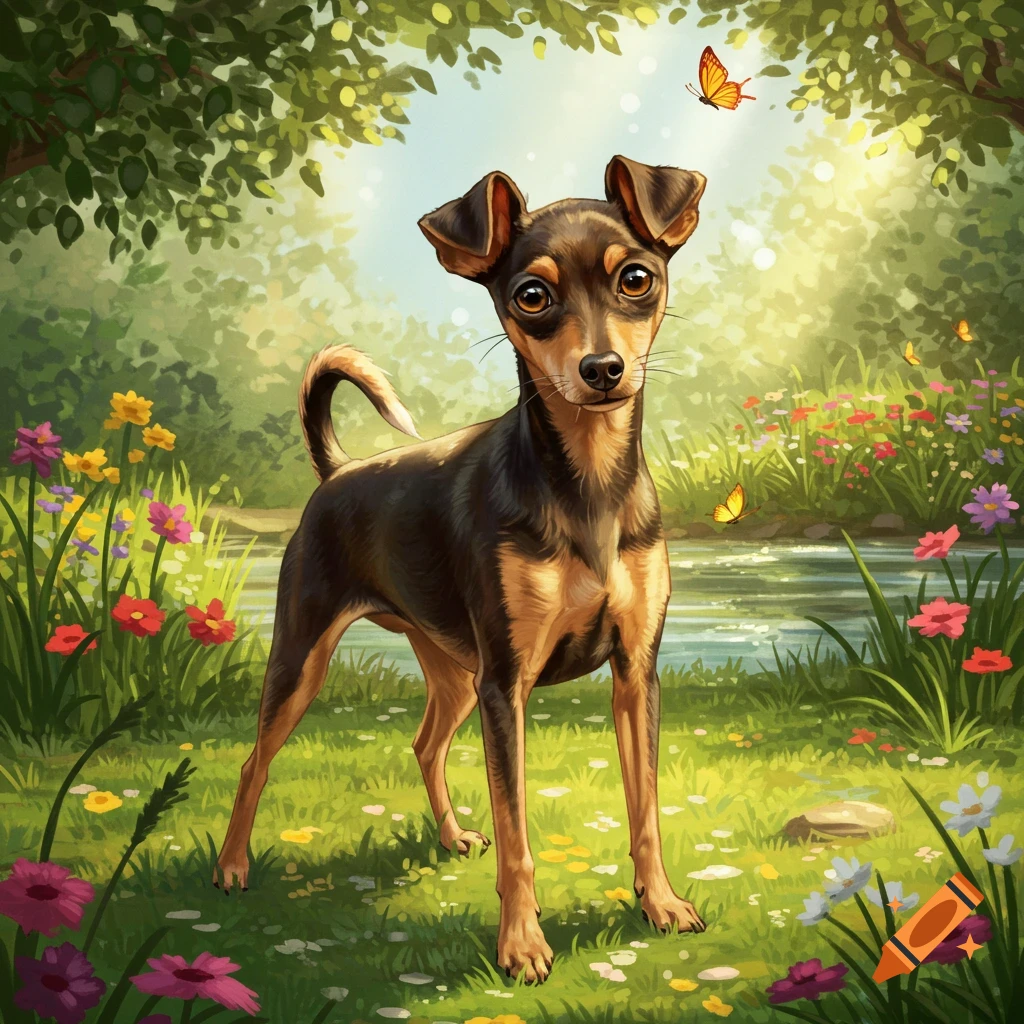 A tan and brown toy fox terrier stands in a vibrant green meadow with colorful flowers and butterflies, next to a stream, under bright sunlight filtering through trees.