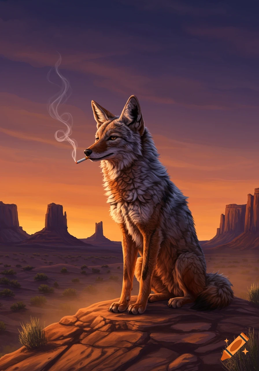 A wise-looking coyote sits on a rock in a desert landscape at sunset, calmly smoking a cigarette. Digital painting.