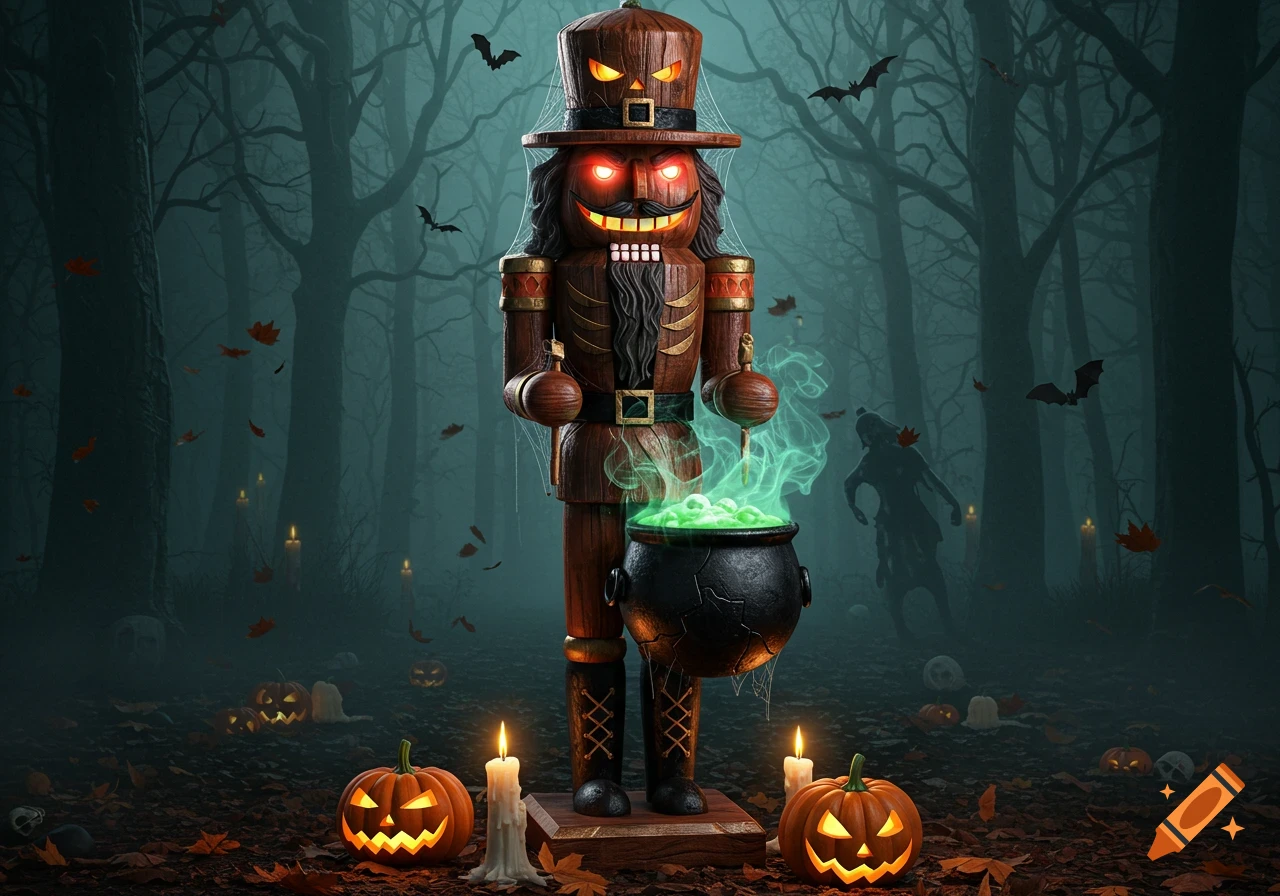A scary Halloween nutcracker stands in a dark, misty forest, holding a bubbling cauldron, surrounded by glowing pumpkins and bats.