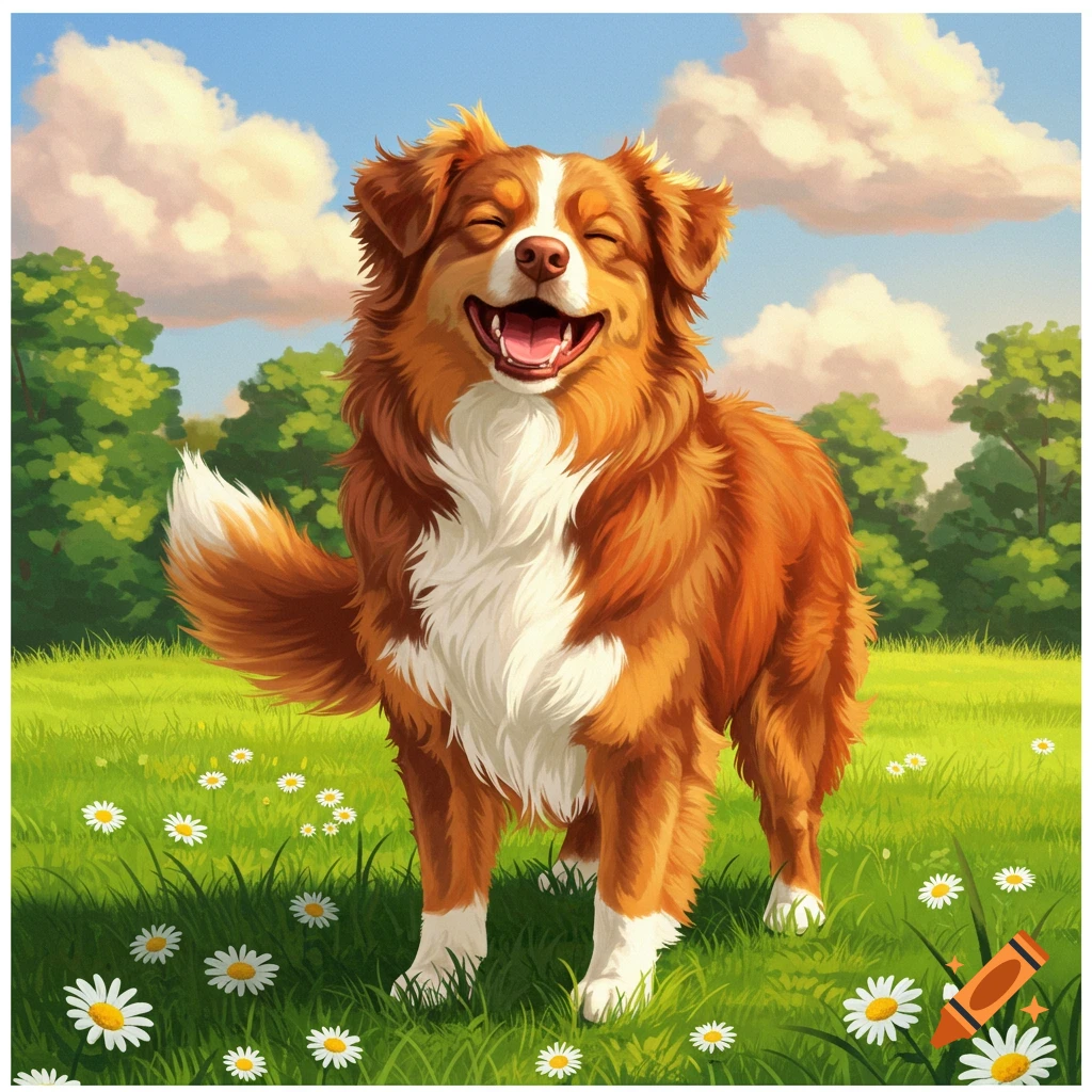 A happy red and white Australian Shepherd dog laughing in a sunny green field filled with white daisies.