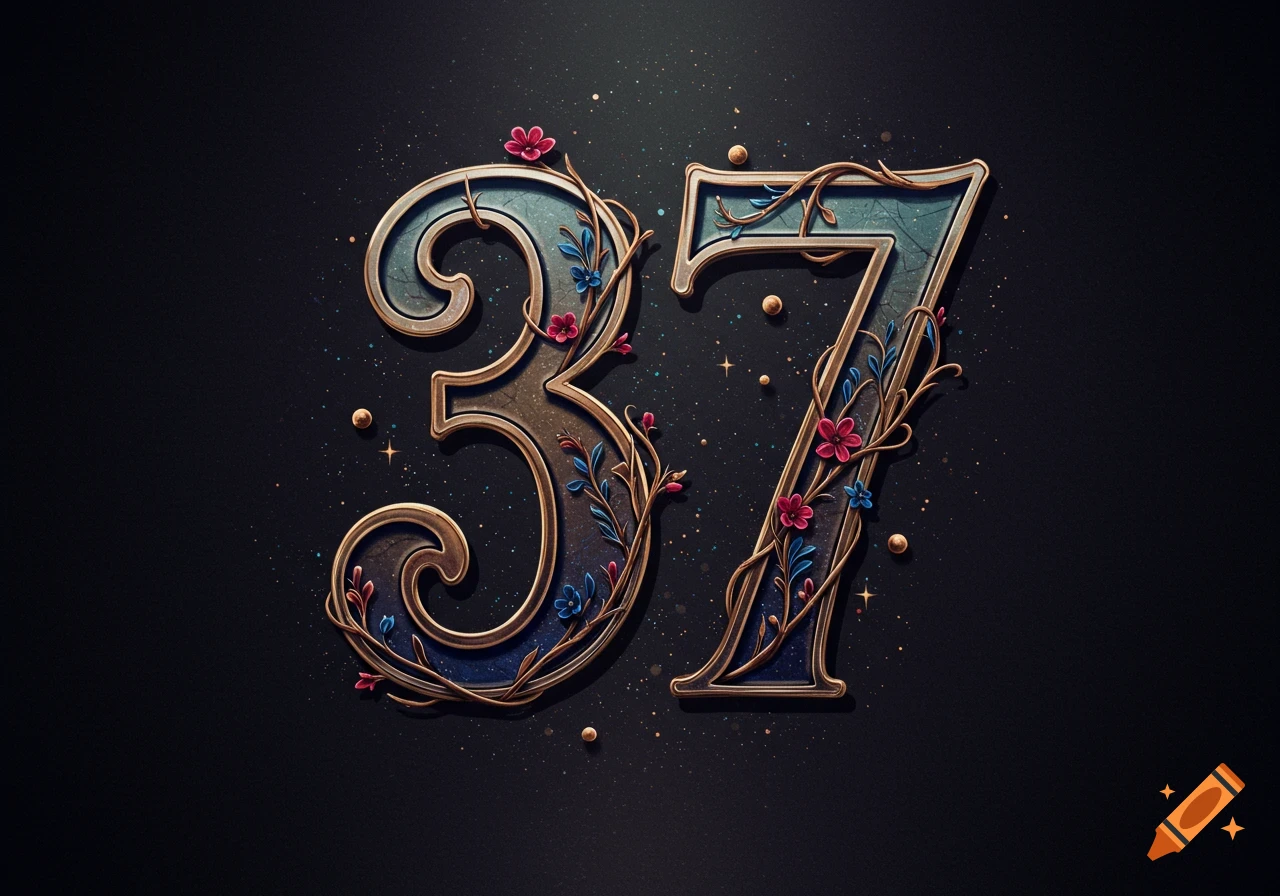 Ornate golden numbers 37 adorned with winding vines and colorful flowers on a dark background.