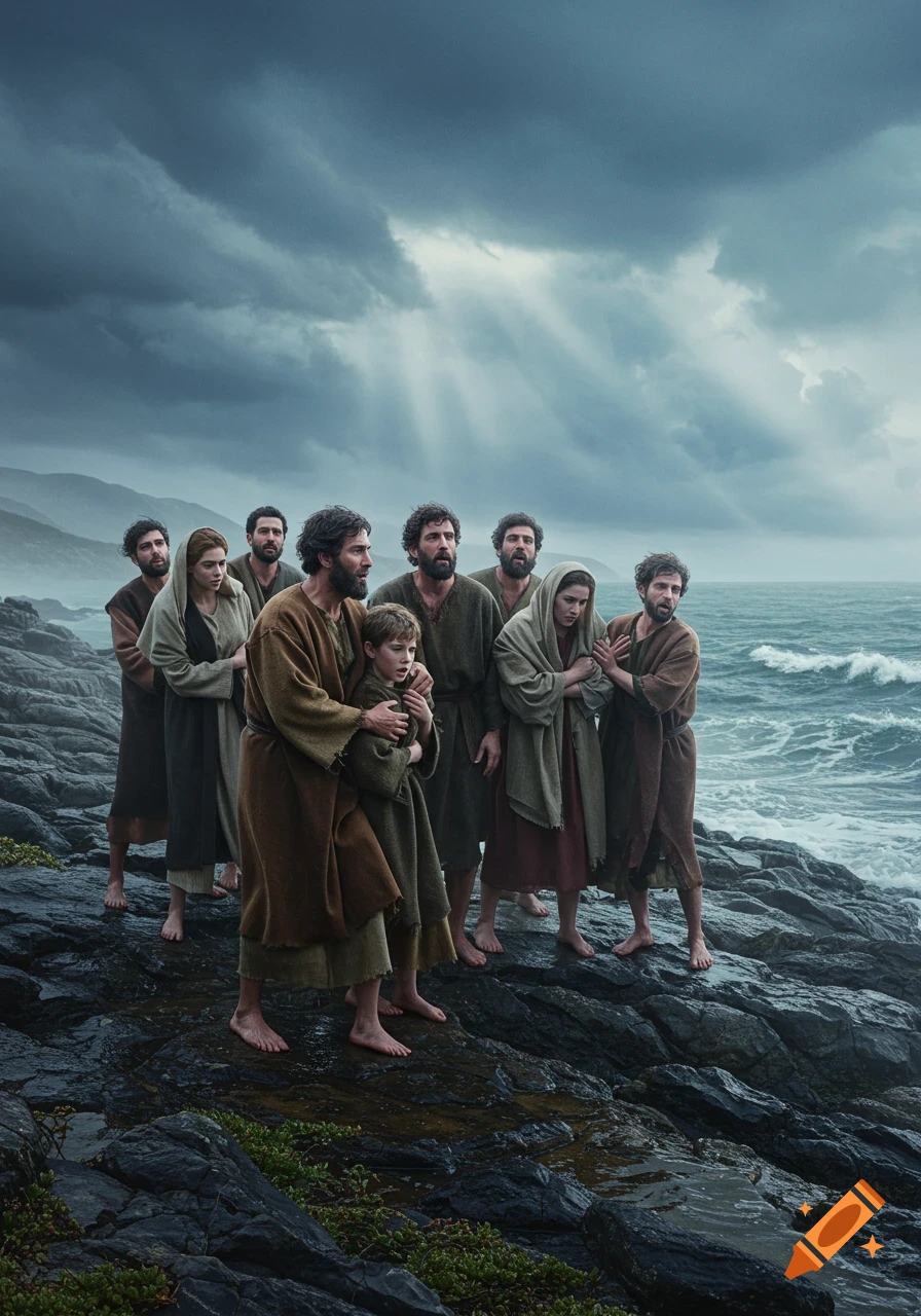 A group of ancient people, including a child, look distressed on a rocky shore under a dramatic stormy sky with sunrays.