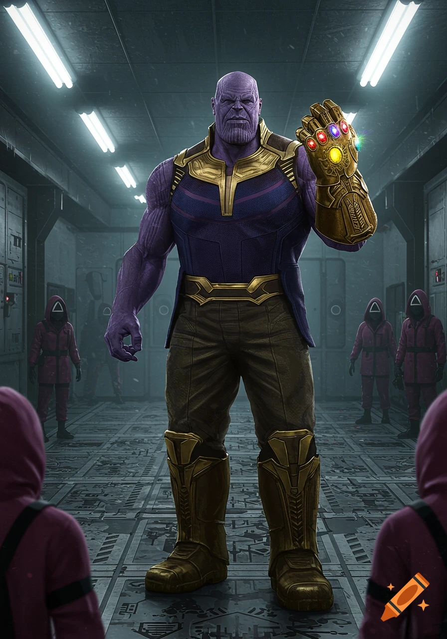 Thanos in a dark hallway, wearing the Infinity Gauntlet, stands before red-suited Squid Game guards in a photorealistic style.