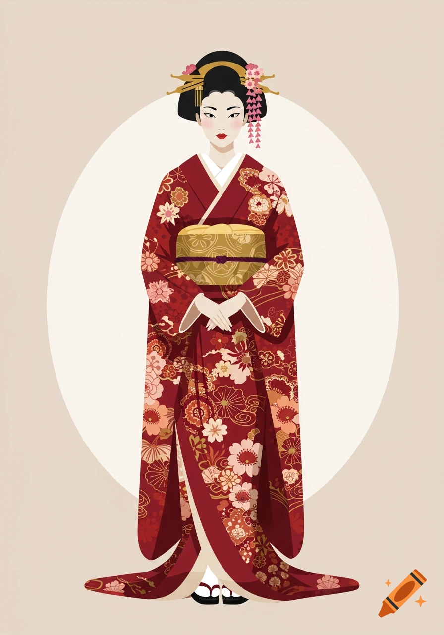 Illustration of a Japanese woman wearing a detailed red floral kimono and an ornate traditional hairstyle.