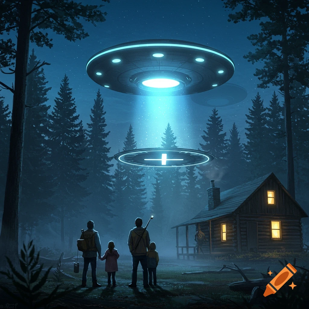 Digital art of a family watching a bright UFO descend over their log cabin in a mysterious, moonlit forest.