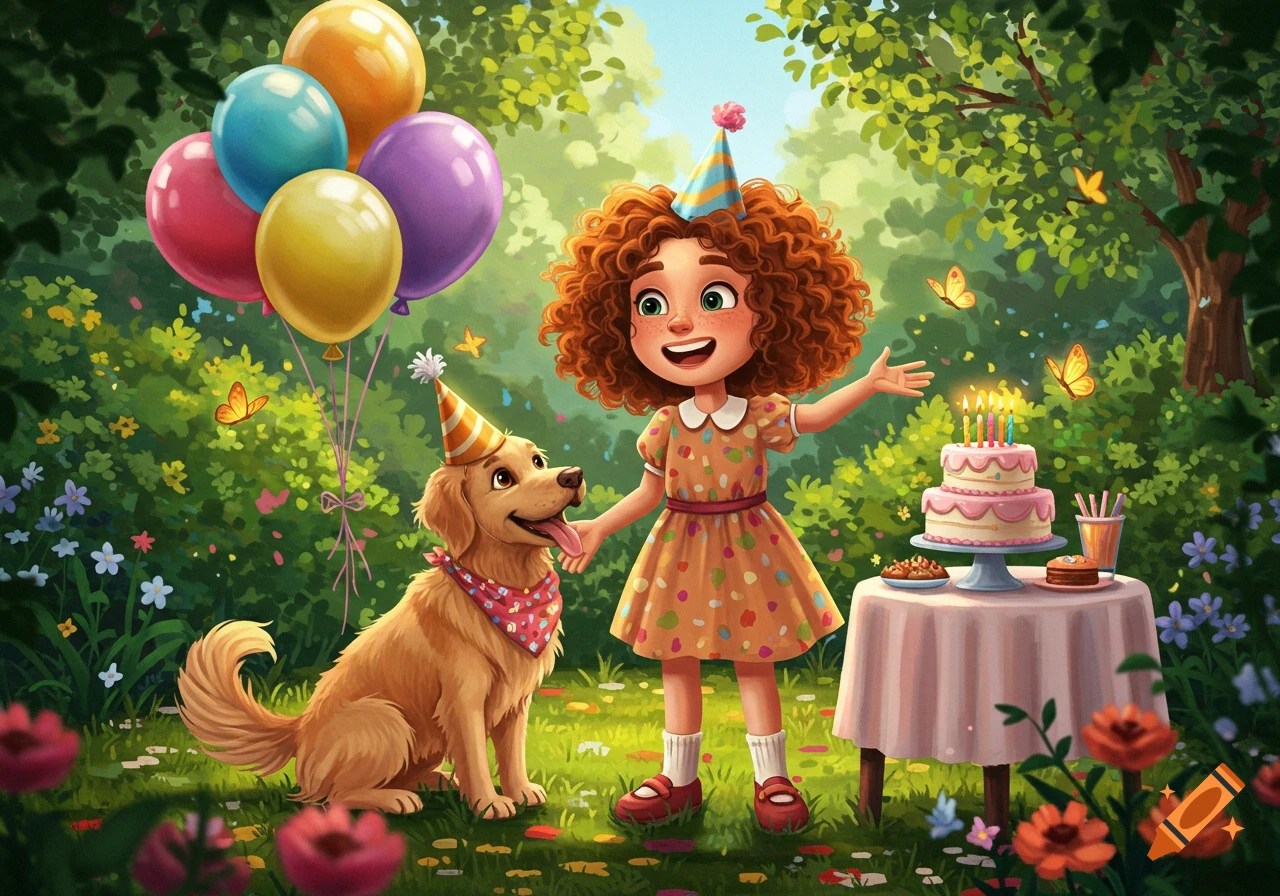 Cartoon girl and golden retriever celebrating a birthday in a lush garden with balloons, cake, and butterflies.