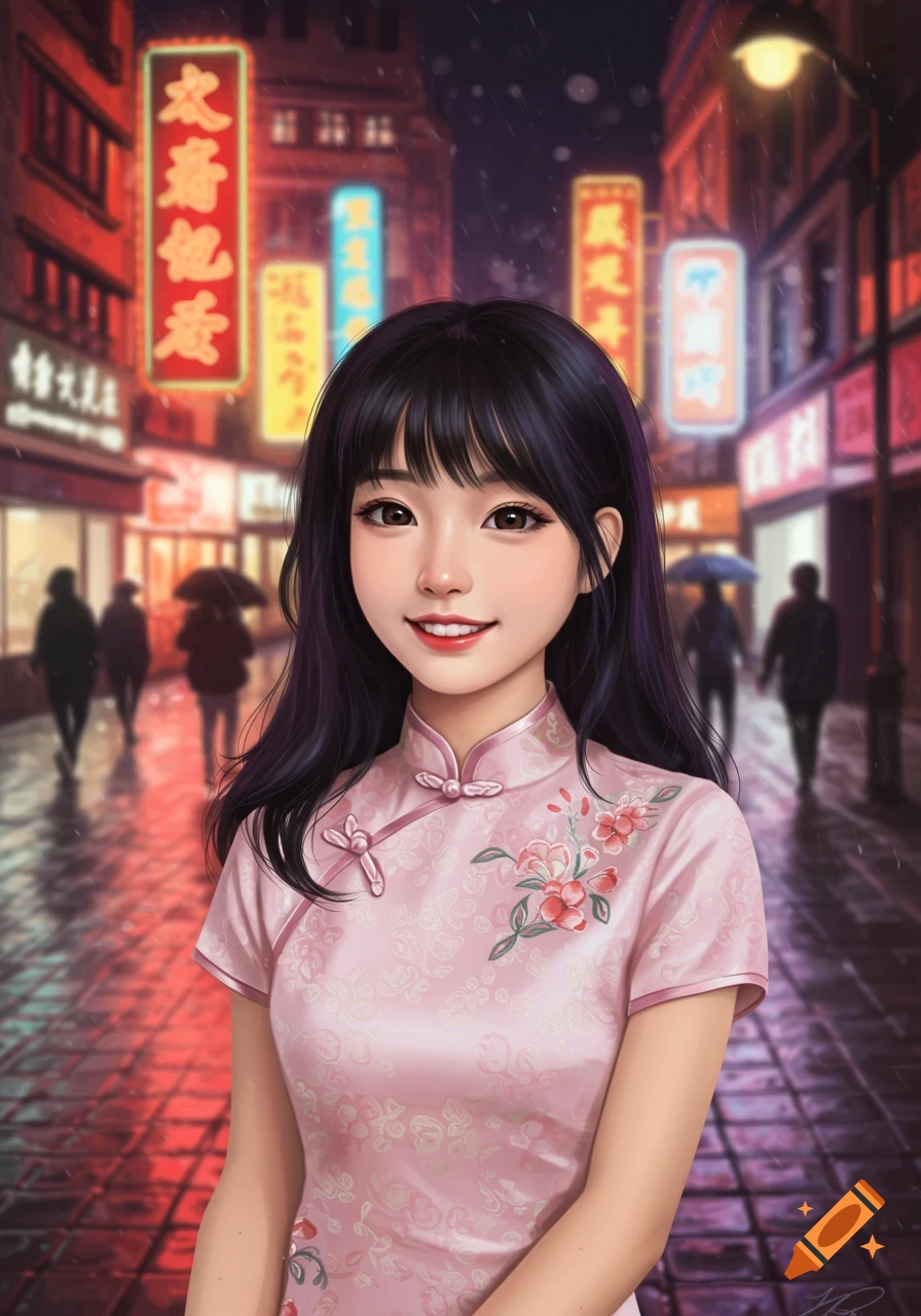 A cute young Asian woman in a pink cheongsam on a rainy city street with neon signs at night.