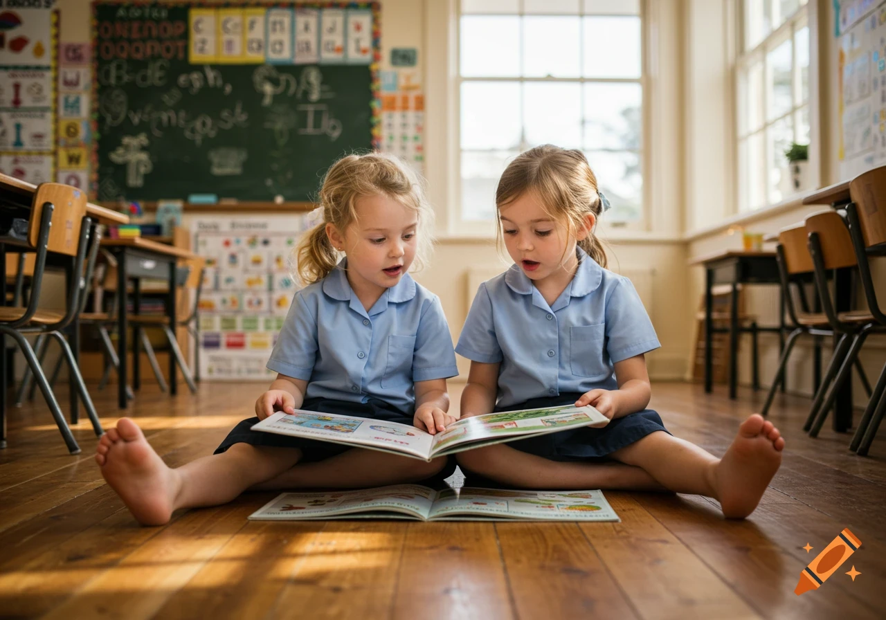 Two young girls in blue school uniforms sit barefoot on a wooden floor in a sunlit classroom, reading books.